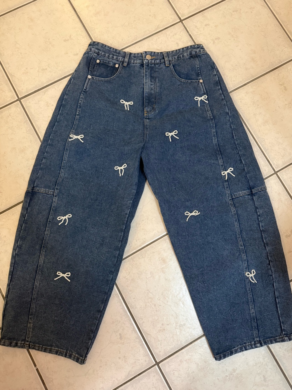 Oddi Beaded Bow Dark Blue Denim Jeans Size Large NWT